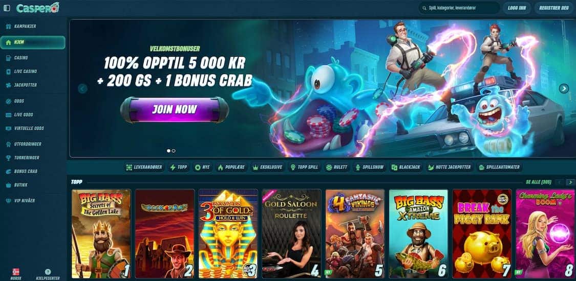 caspero casino forside med oversikt over spill og bonuser