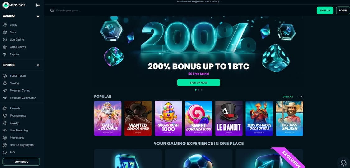 mega dice casino forside med bonustilbud og spillutvalg