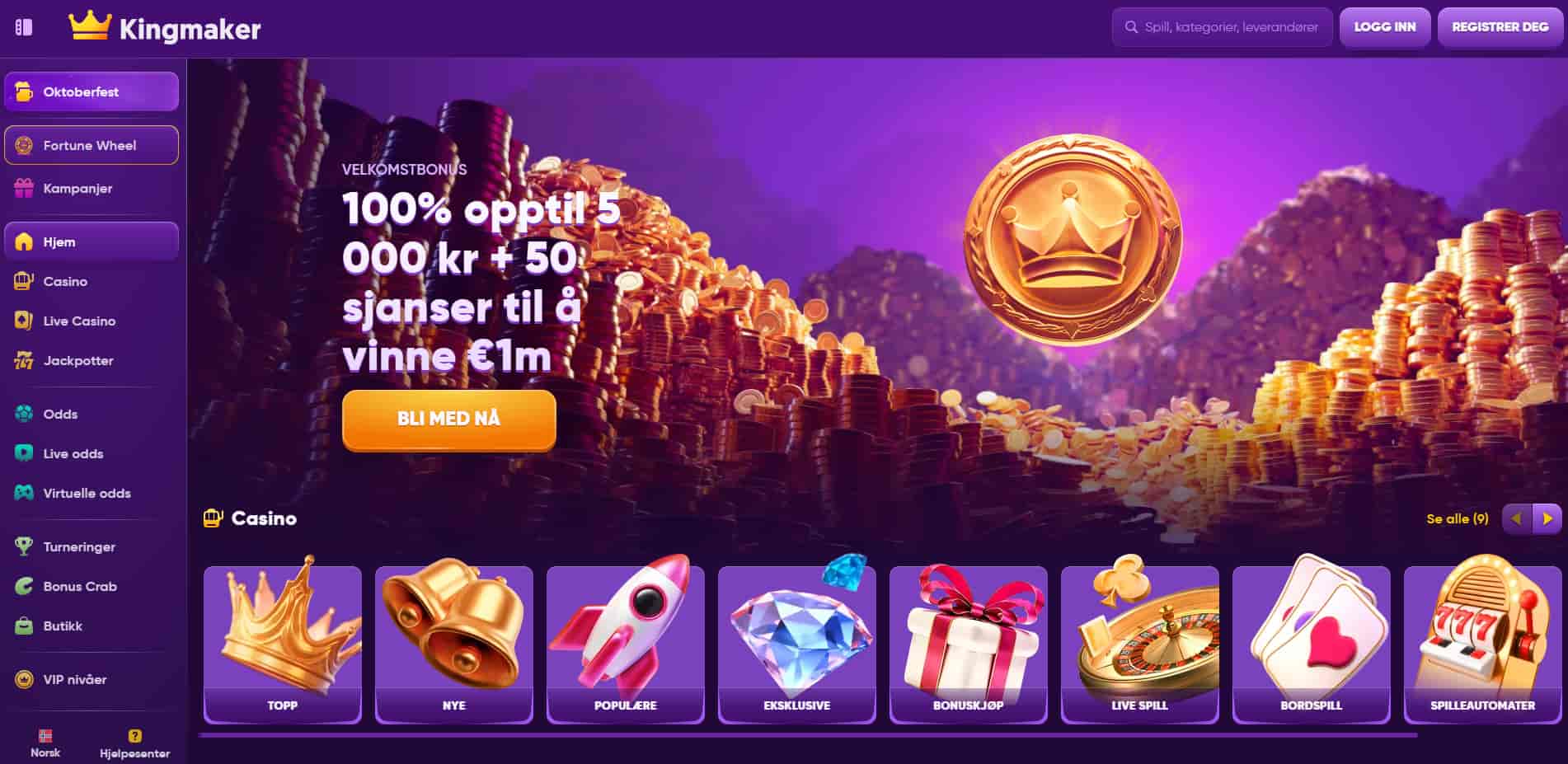 kingmaker casino forside med bonuser til norske spillere