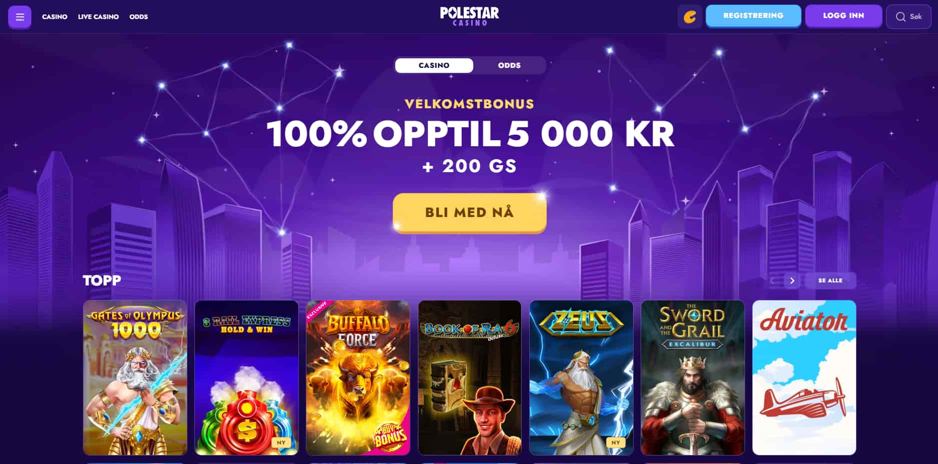 polestar casino forside med 100% bonus til nye spillere