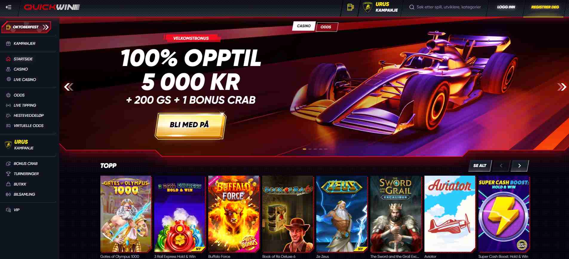 quickwin casino forside med ferrari kampanje