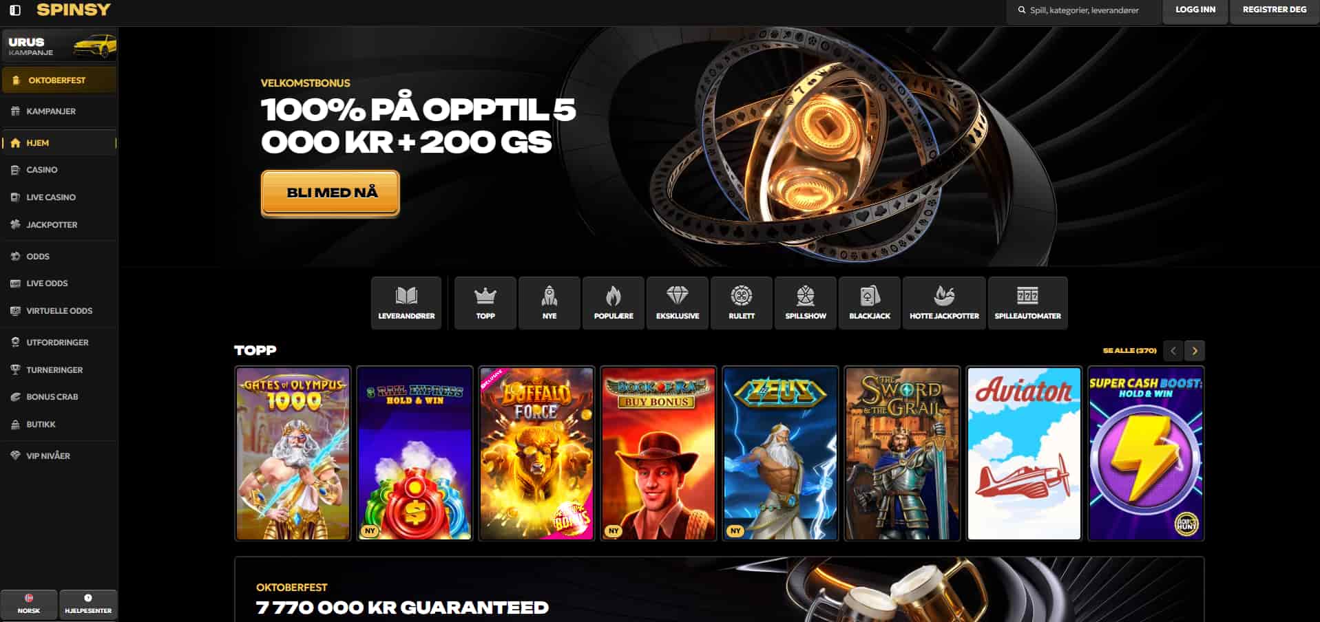 spinsy casino forside som viser bonuskampanje