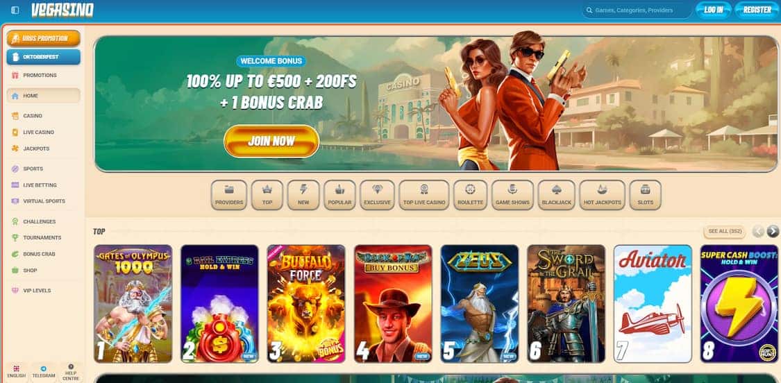 vegasino casino forside med nye bonuser