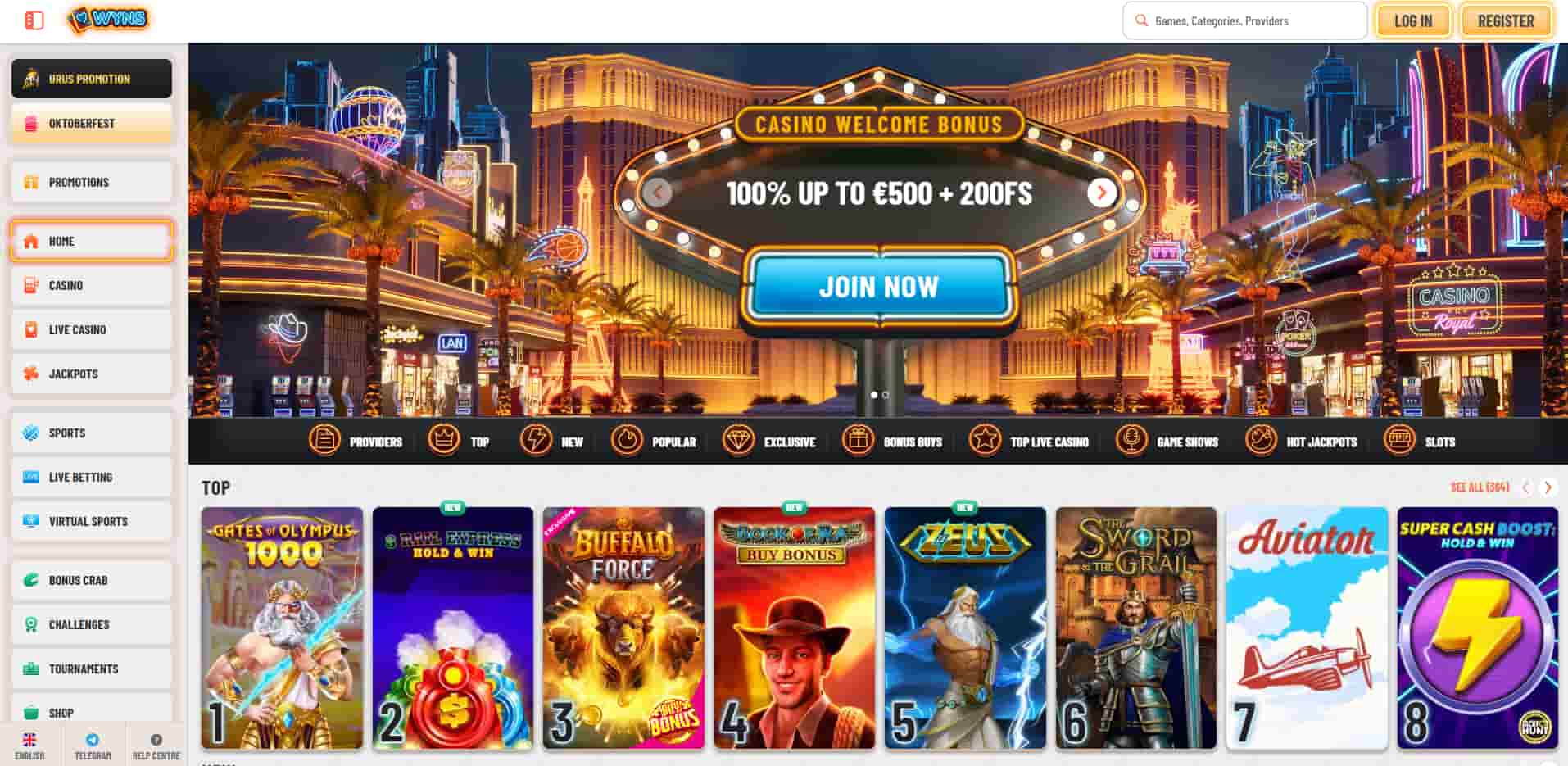 wyn casino nettside med bonuser og spillutvalg