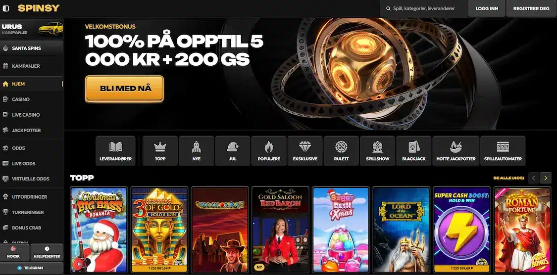 Spinsy Casino forside med nye spill og bonuser